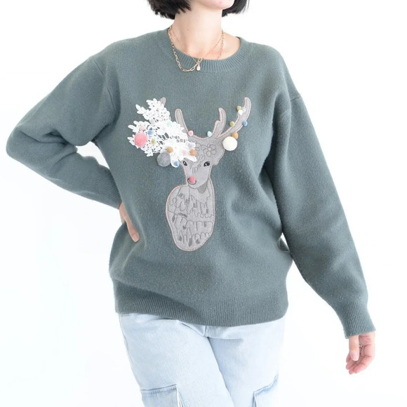 Bafer Dark Sage Deer Wildlife Motif Crewneck Sweater M - Picture 1 of 15